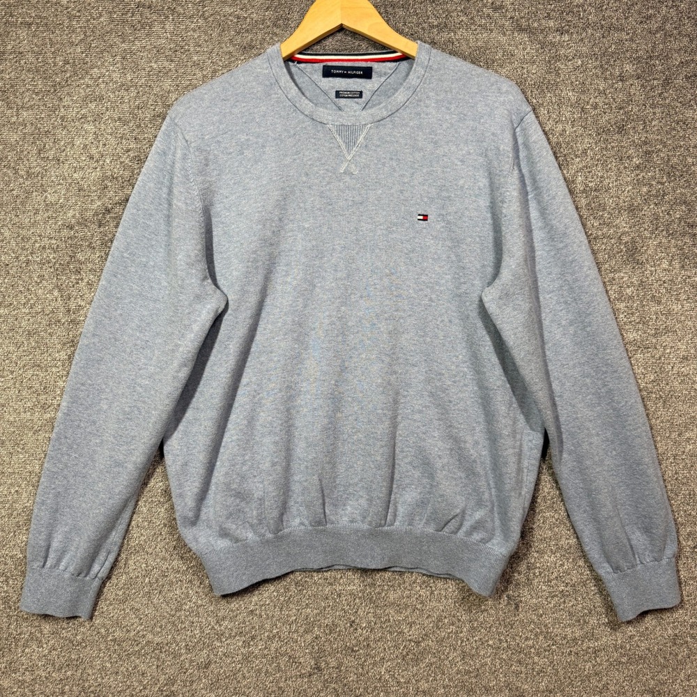 Tommy Hilfiger Sweater Mens XL Premium‎ Cotton Crewneck Blue Heather Pullover